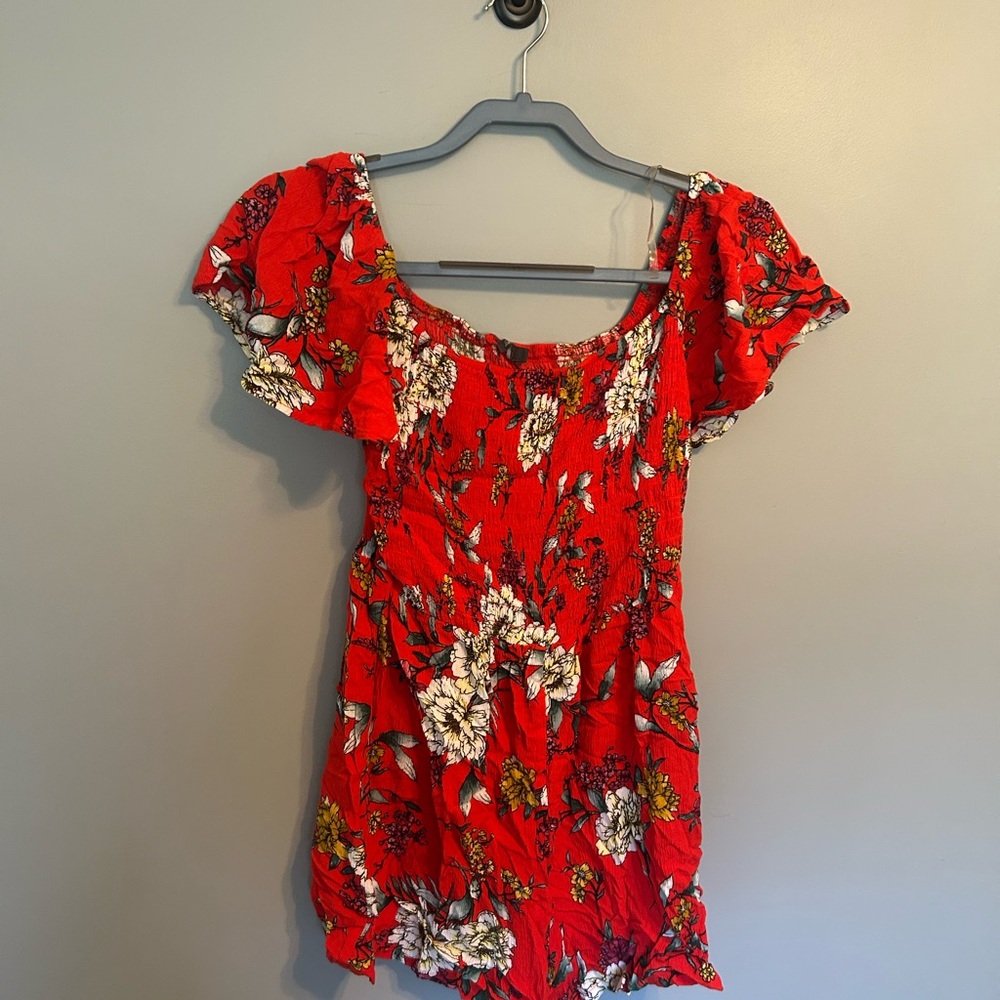 Floral Red Romper with Short Sleeves